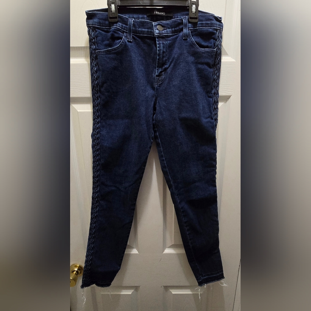 J Brand Dark Blue Skinny Jeans with Braided Side Trim Size 30